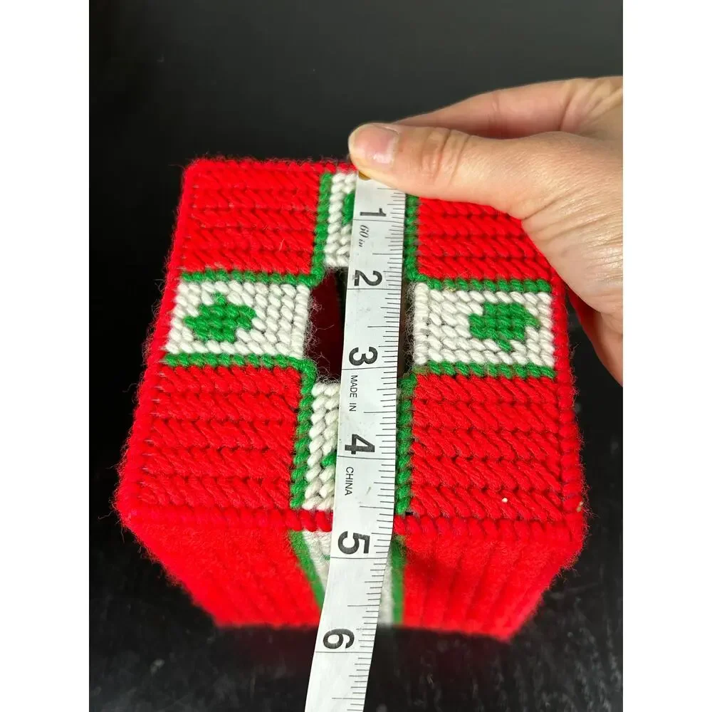 Vtg- Plastic plastic yarn canvas tissue box cover- Christmas holly- red green